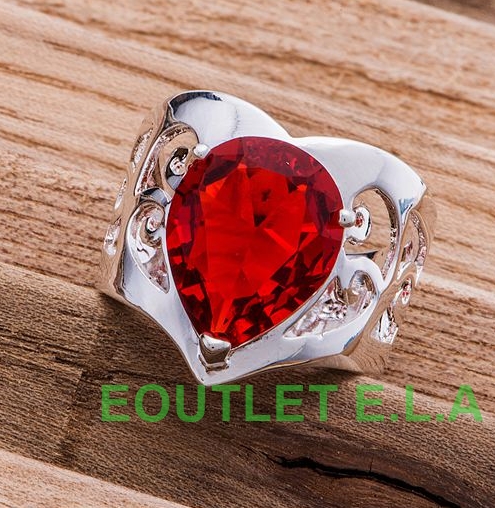 LARGE PEAR CUT RUBY RED CZ SILVER DRESS RING-size 8